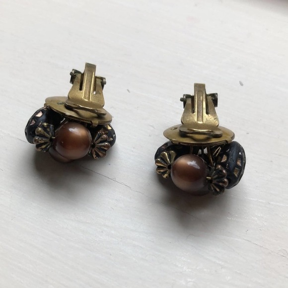 Vintage Clip On Earrings Brown with Bronze Gold Tones Chunky Earth Tone Beads - Picture 5 of 6
